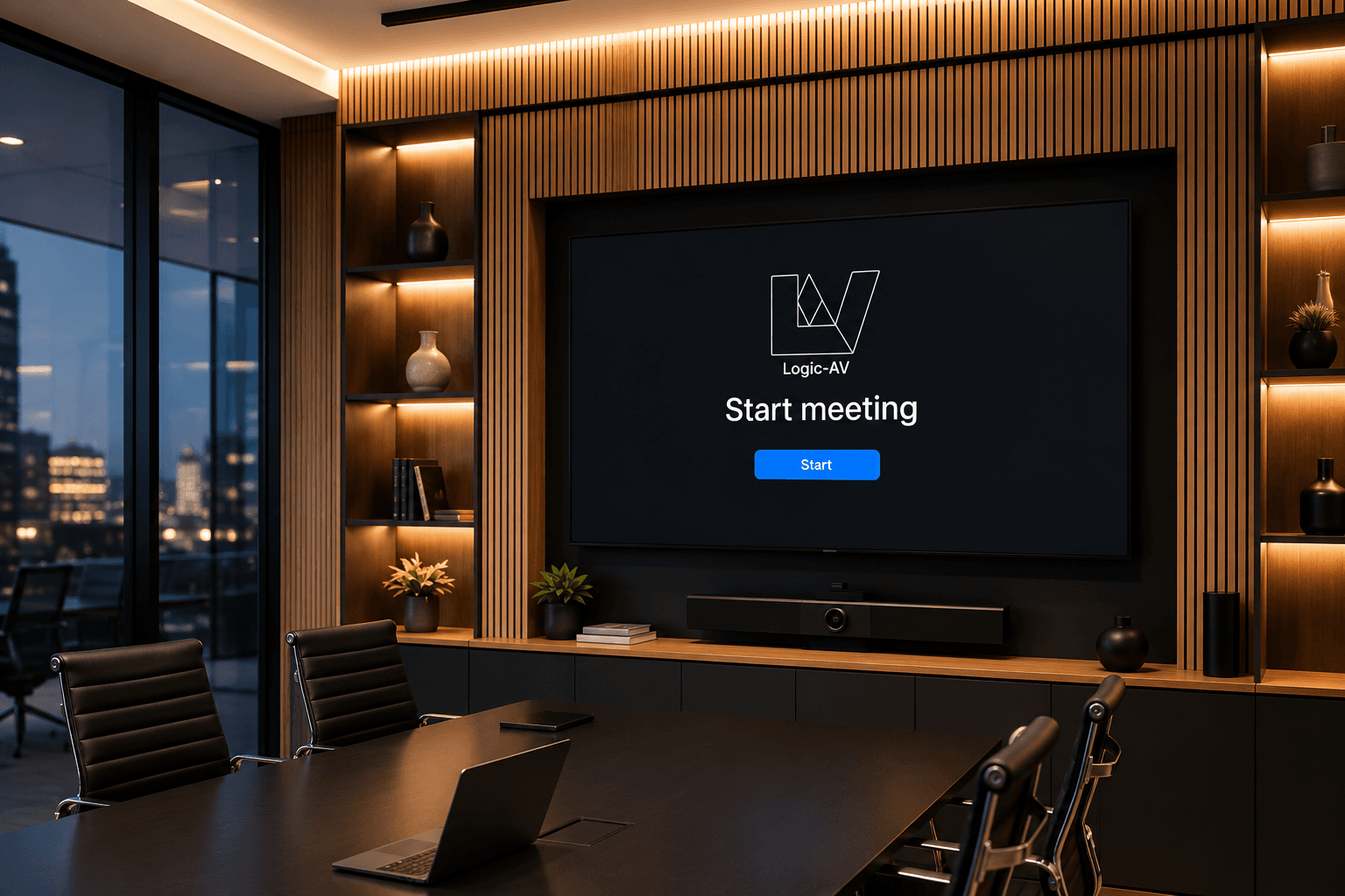 Vergaderruimte met een groot scherm dat het Logic-AV logo en 'Start meeting' toont.