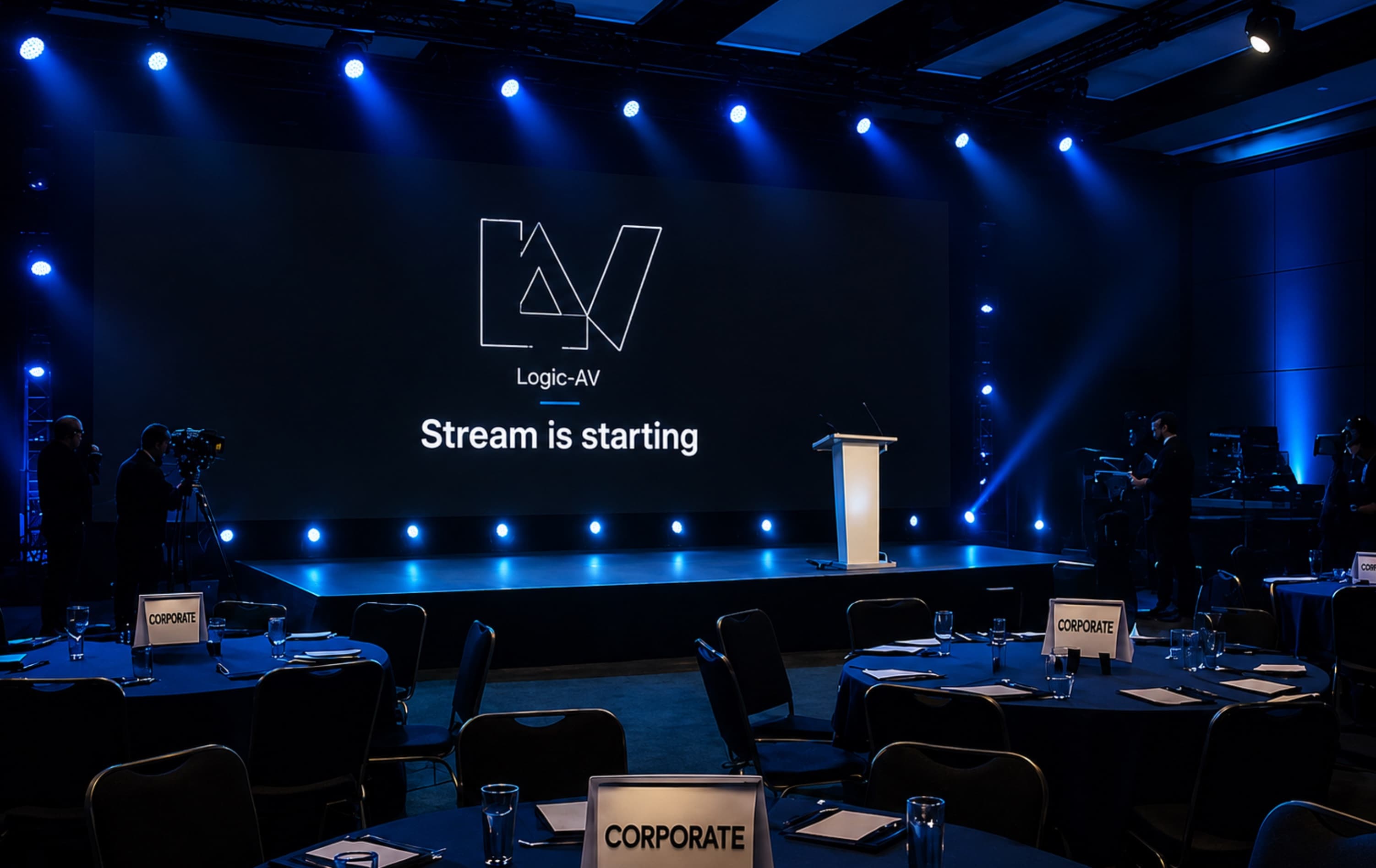Op een corporate event toont het podiumscherm het Logic-AV logo met 'Stream is starting'.